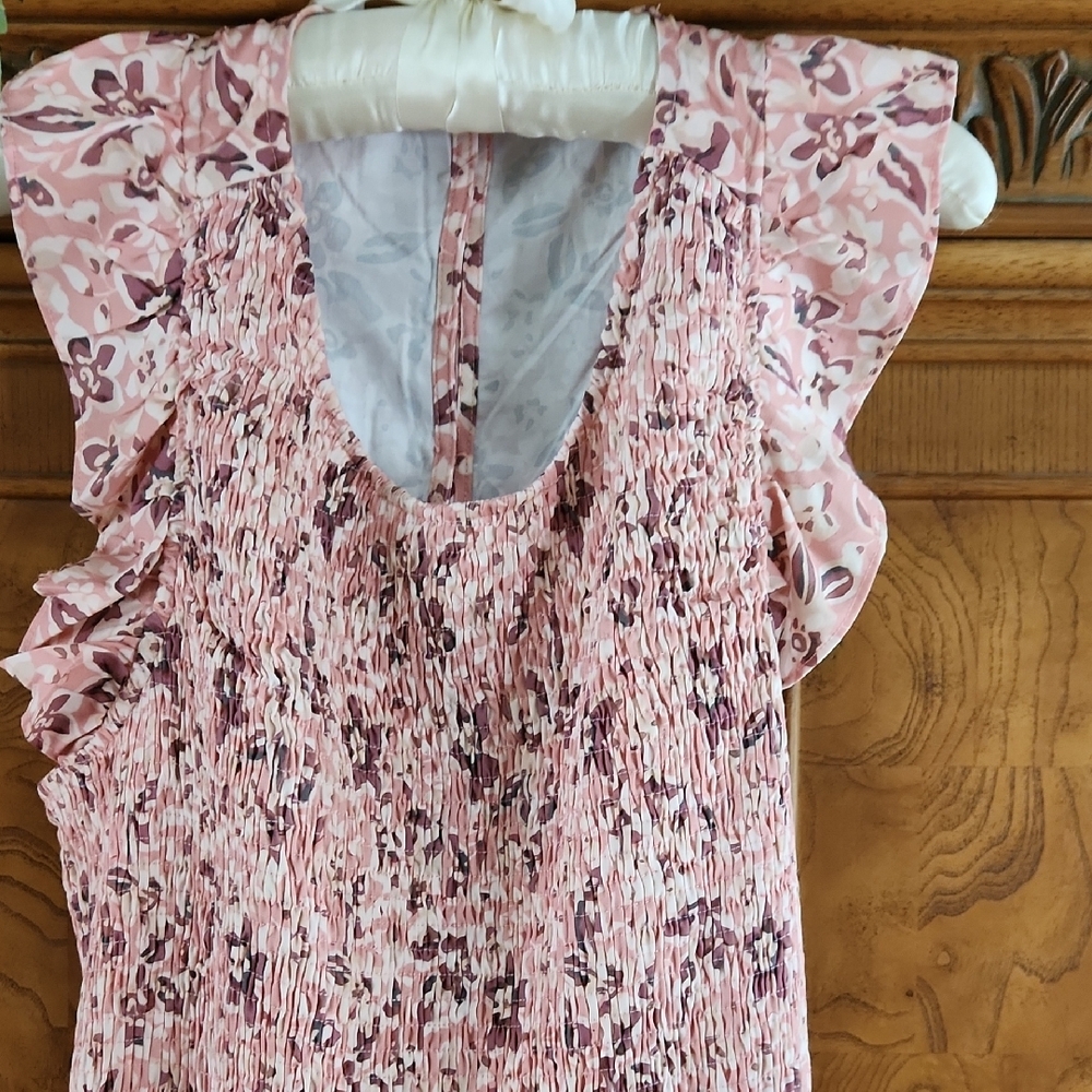 MELLODAY Pink Ruffled Smocked Sleeveless Blouse